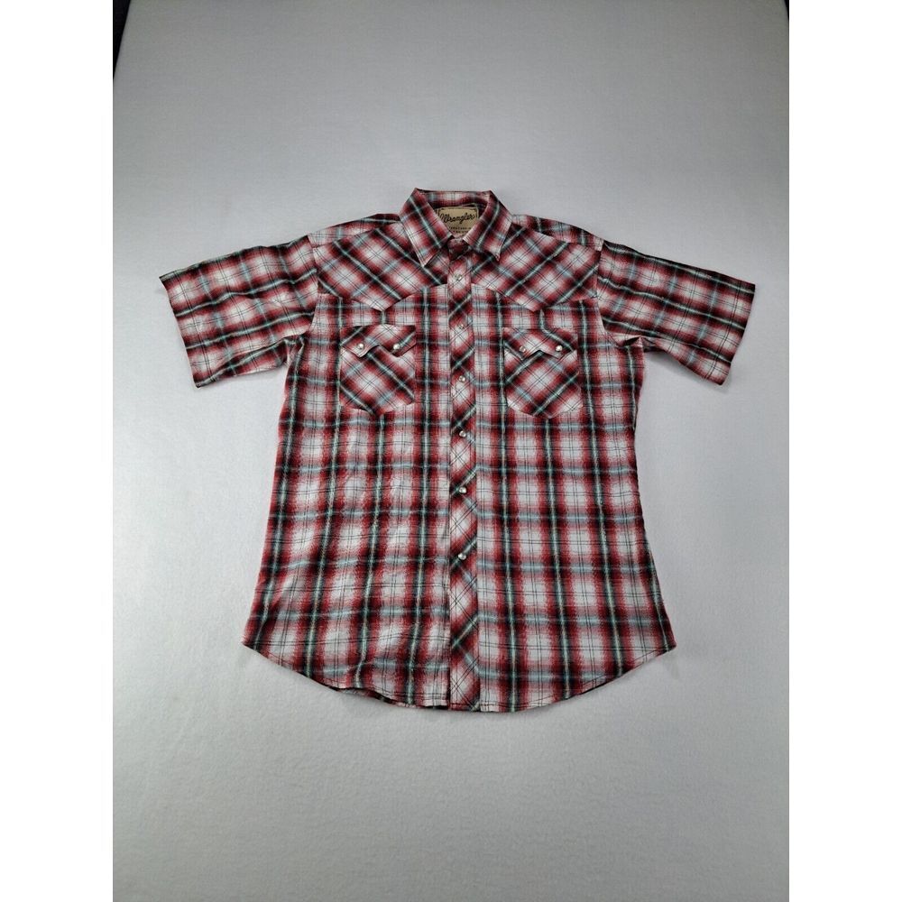 Wrangler‎ Dress Shirt Men Medium Plaid Pearl Snap Sawtooth Pocket PBR Rodeo